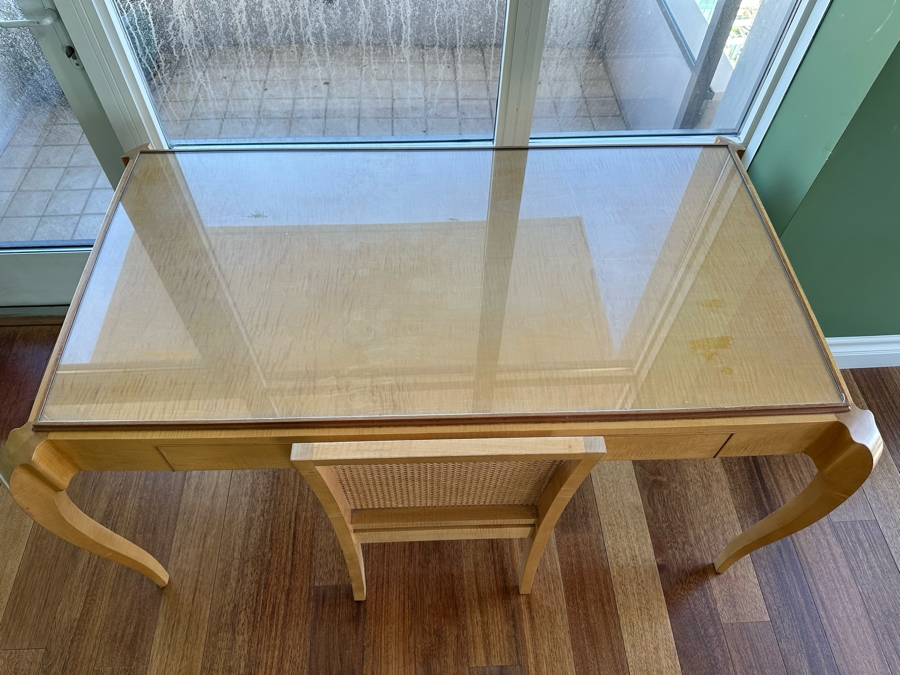 Elegant Designer Writing Table Desk With Cabriolet Legs, Inset Glass Top, Two Drawers And Matching Cane Chair 60W X 34D X 30.5H [Photo 12]