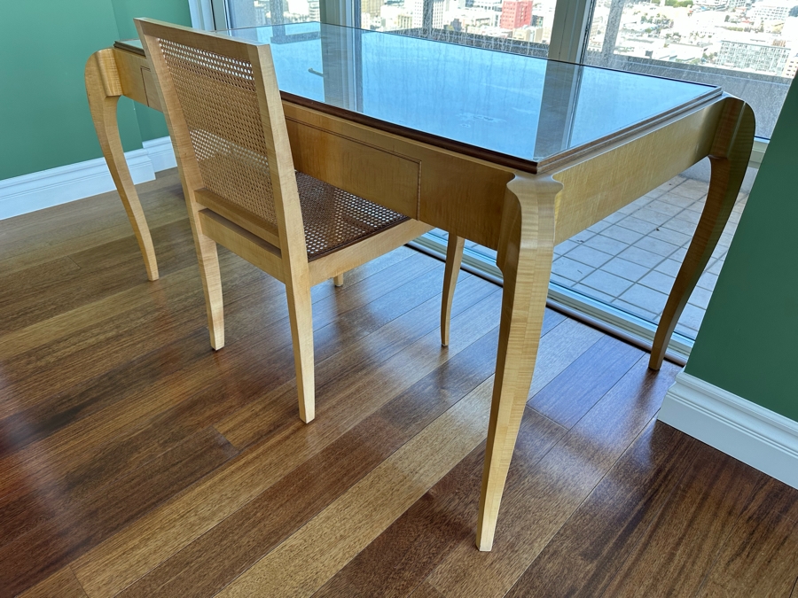 Elegant Designer Writing Table Desk With Cabriolet Legs, Inset Glass Top, Two Drawers And Matching Cane Chair 60W X 34D X 30.5H [Photo 10]