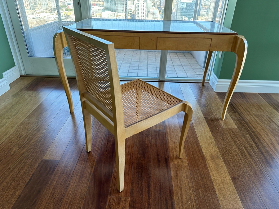 Elegant Designer Writing Table Desk With Cabriolet Legs, Inset Glass Top, Two Drawers And Matching Cane Chair 60W X 34D X 30.5H [Photo 4]