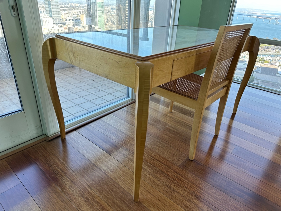 Elegant Designer Writing Table Desk With Cabriolet Legs, Inset Glass Top, Two Drawers And Matching Cane Chair 60W X 34D X 30.5H [Photo 7]