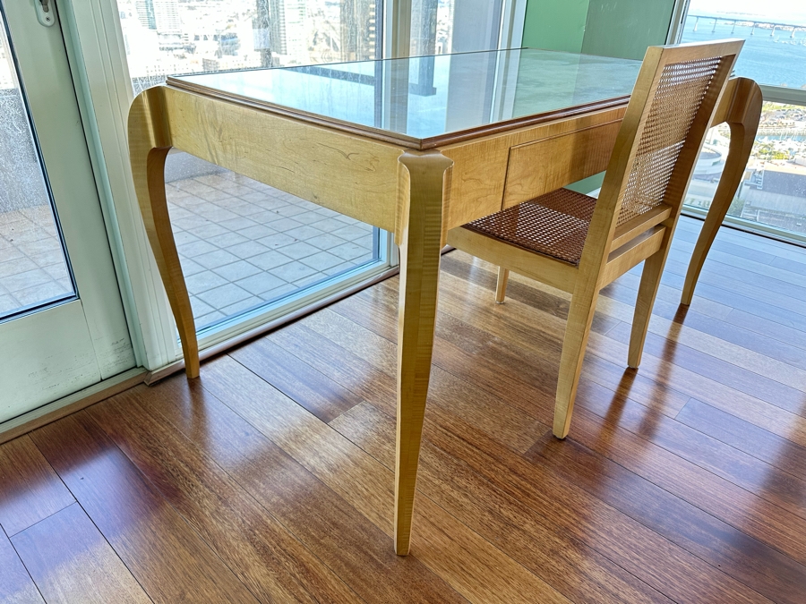 Elegant Designer Writing Table Desk With Cabriolet Legs, Inset Glass Top, Two Drawers And Matching Cane Chair 60W X 34D X 30.5H [Photo 8]