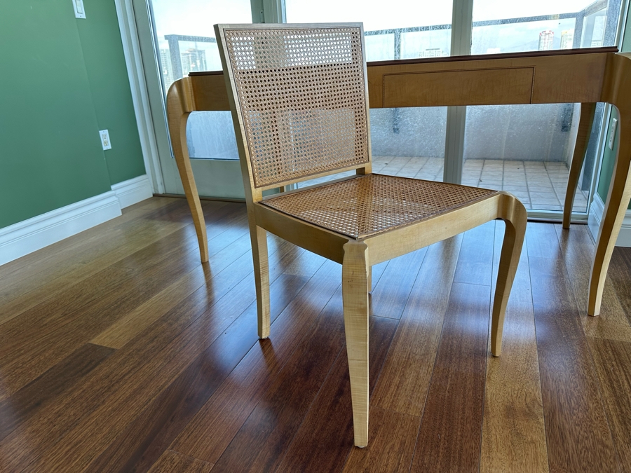 Elegant Designer Writing Table Desk With Cabriolet Legs, Inset Glass Top, Two Drawers And Matching Cane Chair 60W X 34D X 30.5H [Photo 14]