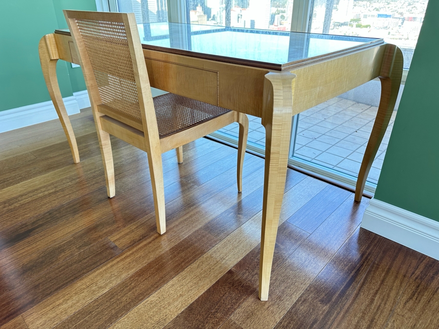 Elegant Designer Writing Table Desk With Cabriolet Legs, Inset Glass Top, Two Drawers And Matching Cane Chair 60W X 34D X 30.5H [Photo 9]