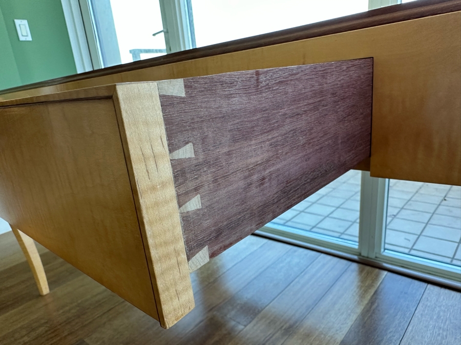 Elegant Designer Writing Table Desk With Cabriolet Legs, Inset Glass Top, Two Drawers And Matching Cane Chair 60W X 34D X 30.5H [Photo 2]