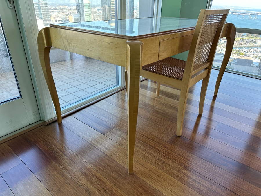 Elegant Designer Writing Table Desk With Cabriolet Legs, Inset Glass Top, Two Drawers And Matching Cane Chair 60W X 34D X 30.5H [Photo 6]