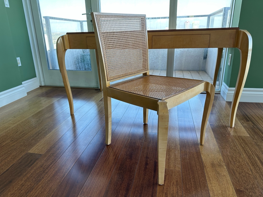 Elegant Designer Writing Table Desk With Cabriolet Legs, Inset Glass Top, Two Drawers And Matching Cane Chair 60W X 34D X 30.5H [Photo 13]