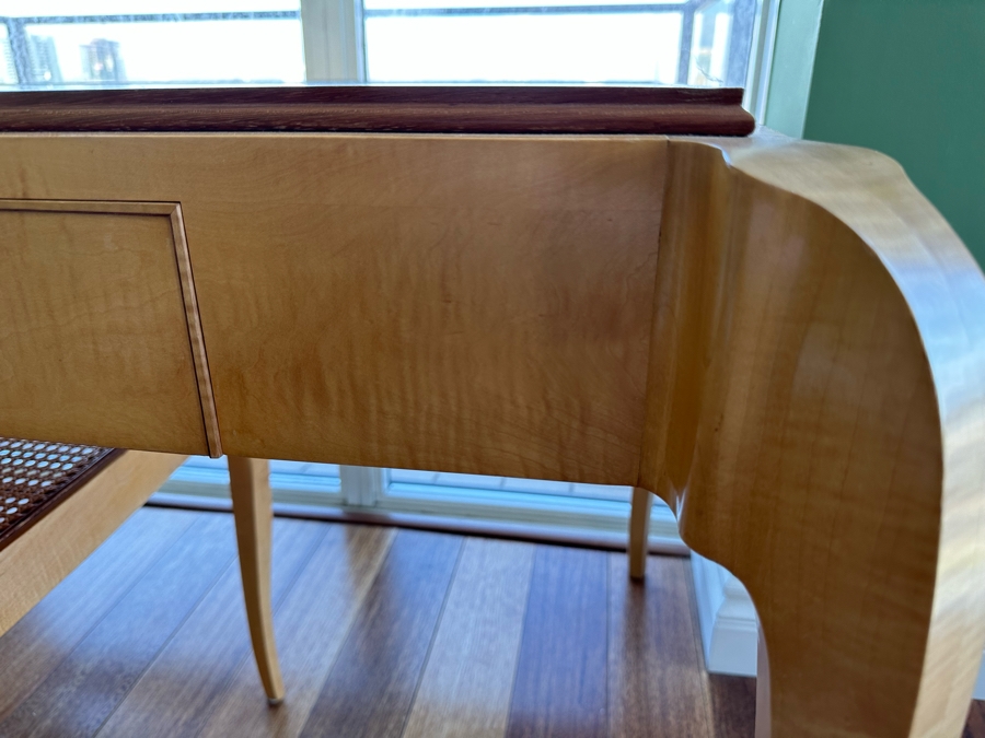 Elegant Designer Writing Table Desk With Cabriolet Legs, Inset Glass Top, Two Drawers And Matching Cane Chair 60W X 34D X 30.5H [Photo 11]