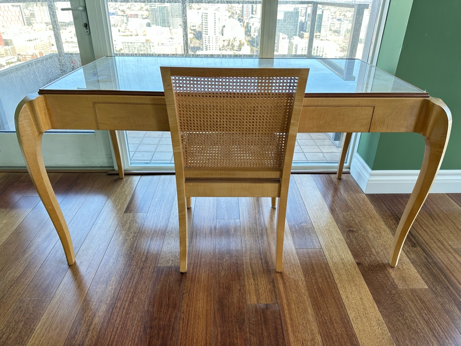 Elegant Designer Writing Table Desk With Cabriolet Legs, Inset Glass Top, Two Drawers And Matching Cane Chair 60W X 34D X 30.5H [Photo 5]