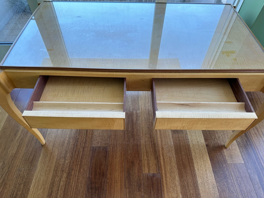 Elegant Designer Writing Table Desk With Cabriolet Legs, Inset Glass Top, Two Drawers And Matching Cane Chair 60W X 34D X 30.5H [Photo 15]