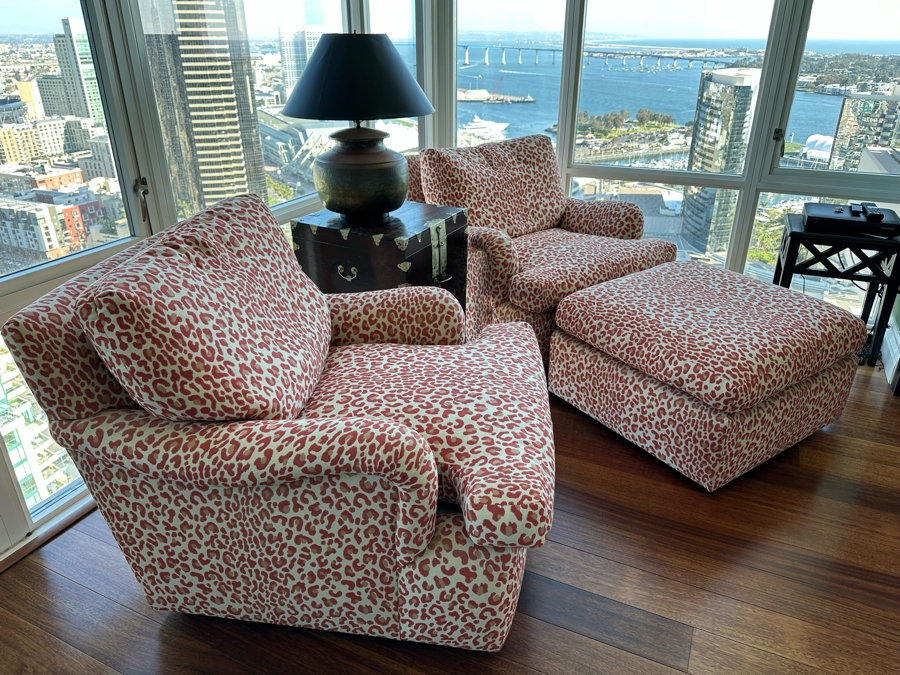 Pair Of Designer Animal Print Armchairs 34W X 42D X 30H And Matching Ottoman 29W X 27D X 18H [Photo 3]