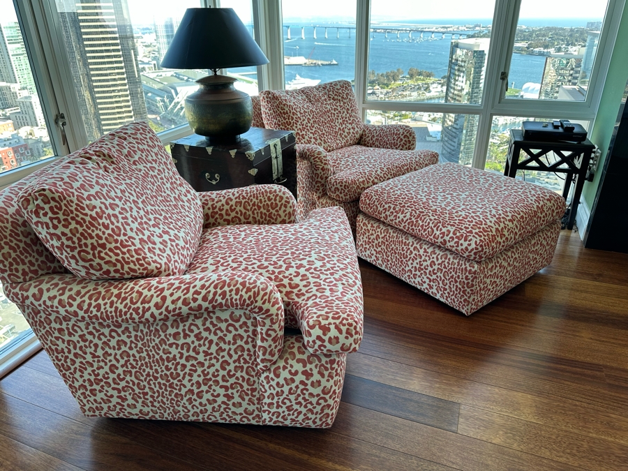 Pair Of Designer Animal Print Armchairs 34W X 42D X 30H And Matching Ottoman 29W X 27D X 18H [Photo 2]