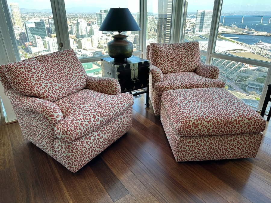 Pair Of Designer Animal Print Armchairs 34W X 42D X 30H And Matching Ottoman 29W X 27D X 18H