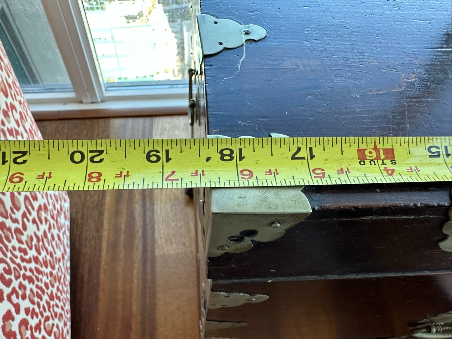 Vintage Chinese Wooden Campaign Chest With Metal Ornamentation On Metal Stand 18.5W X 18D X 25.5H [Photo 12]