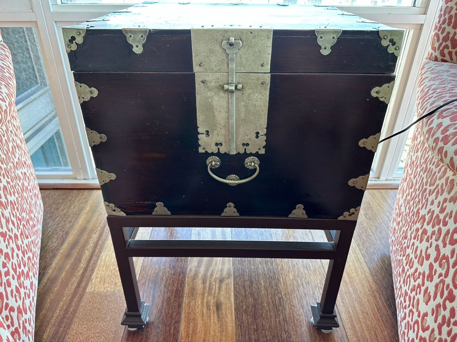 Vintage Chinese Wooden Campaign Chest With Metal Ornamentation On Metal Stand 18.5W X 18D X 25.5H [Photo 4]