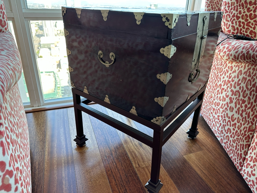 Vintage Chinese Wooden Campaign Chest With Metal Ornamentation On Metal Stand 18.5W X 18D X 25.5H [Photo 10]
