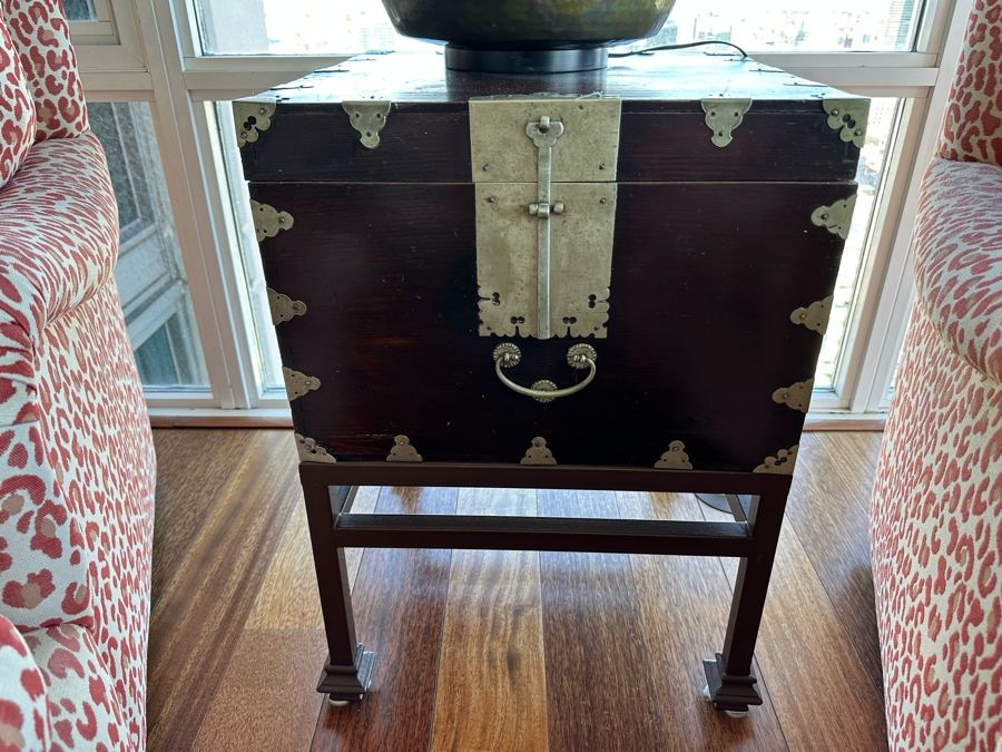 Vintage Chinese Wooden Campaign Chest With Metal Ornamentation On Metal Stand 18.5W X 18D X 25.5H [Photo 1]