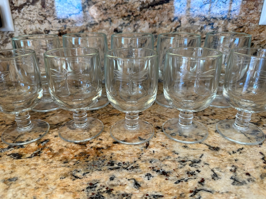 (10) La Rochere France Footed Glasses With Dragonfly Design 4 3/4H