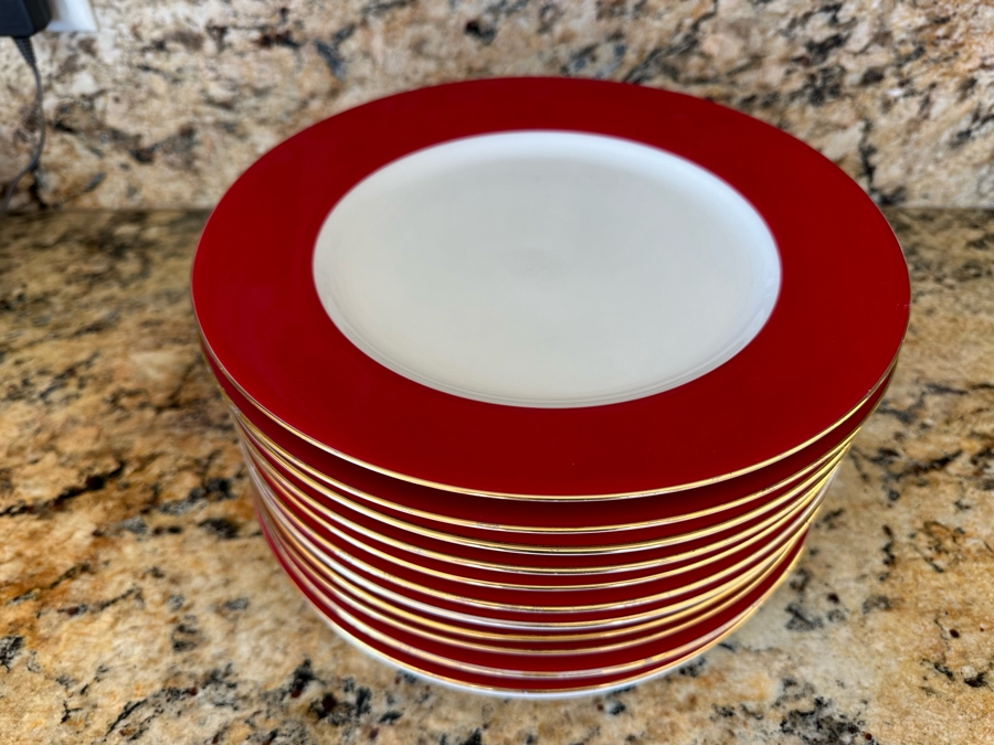 (11) Crate & Barrel Halo Dinner Plates Red & White With Gold Edge Trim 10 1/4R [Photo 2]
