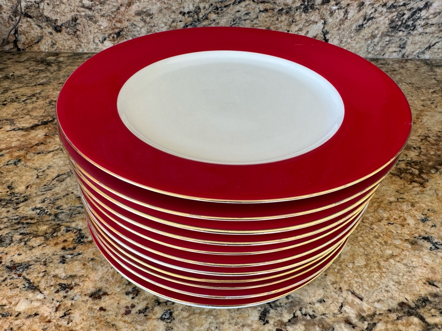 (11) Crate & Barrel Halo Dinner Plates Red & White With Gold Edge Trim 10 1/4R