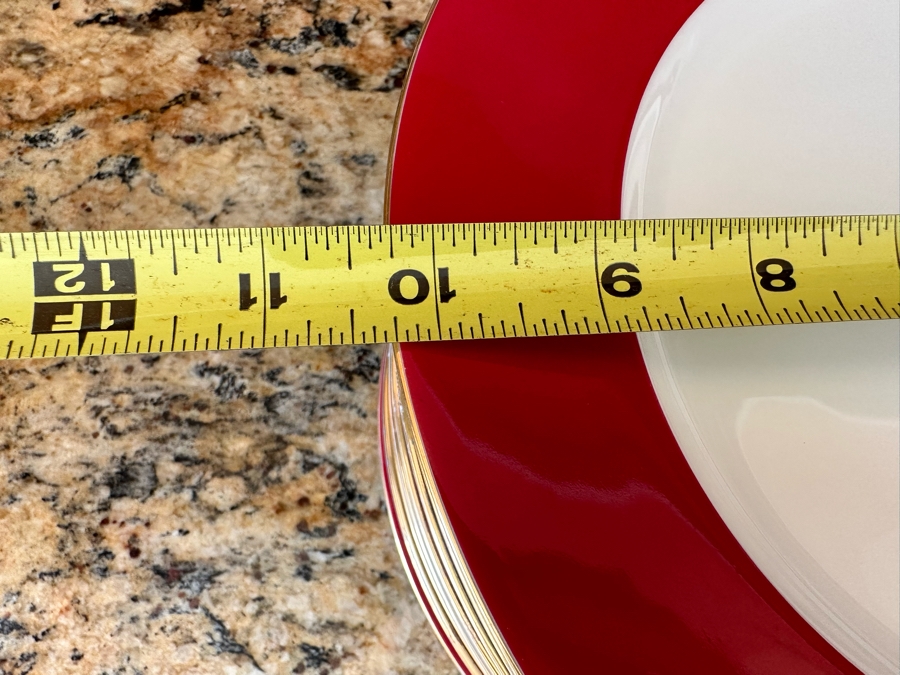 (11) Crate & Barrel Halo Dinner Plates Red & White With Gold Edge Trim 10 1/4R [Photo 4]