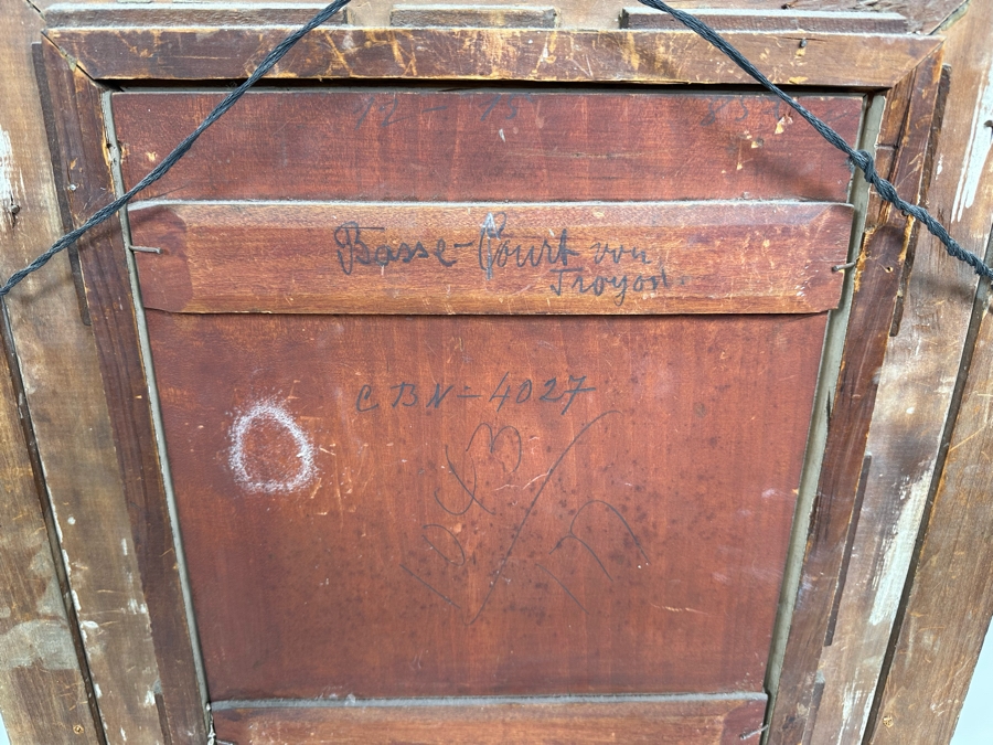 After Constant Troyon Original Painting Titled Chickens In Front Of A Farmhouse 12 X 15 In Antique Gilt Frame 19.5 X 23 Back Top Of Wooden Frame Has Illegible Writing (Signature?) Verso Reads Basse - Court Von Troyon [Photo 14]