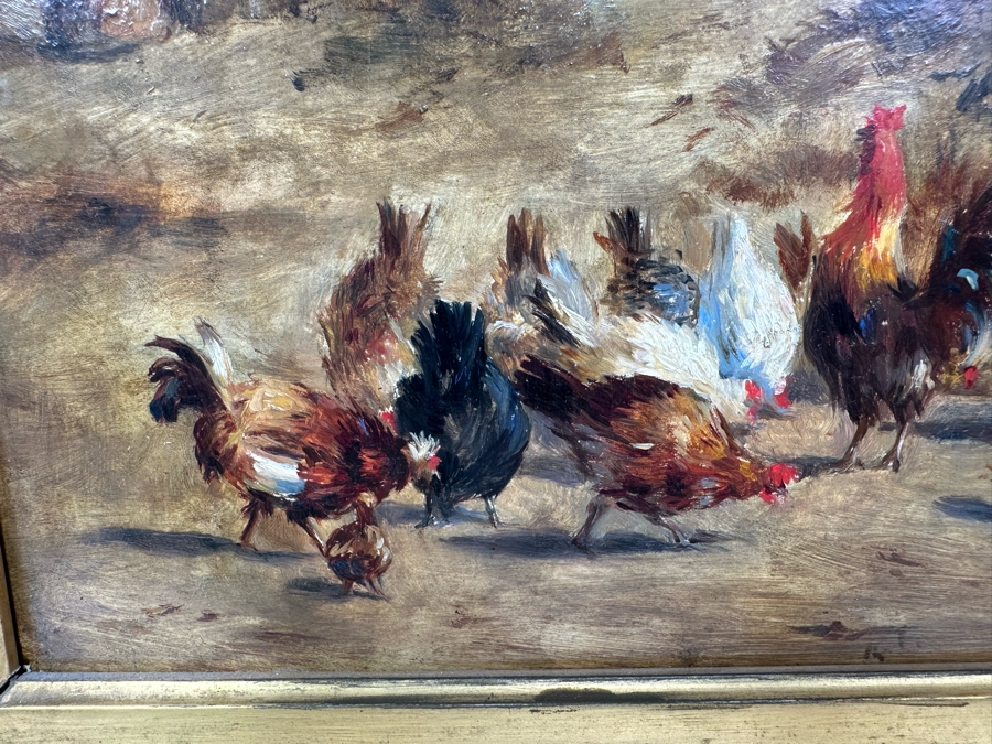 After Constant Troyon Original Painting Titled Chickens In Front Of A Farmhouse 12 X 15 In Antique Gilt Frame 19.5 X 23 Back Top Of Wooden Frame Has Illegible Writing (Signature?) Verso Reads Basse - Court Von Troyon [Photo 7]