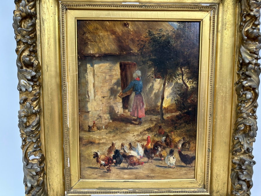 After Constant Troyon Original Painting Titled Chickens In Front Of A Farmhouse 12 X 15 In Antique Gilt Frame 19.5 X 23 Back Top Of Wooden Frame Has Illegible Writing (Signature?) Verso Reads Basse - Court Von Troyon [Photo 2]