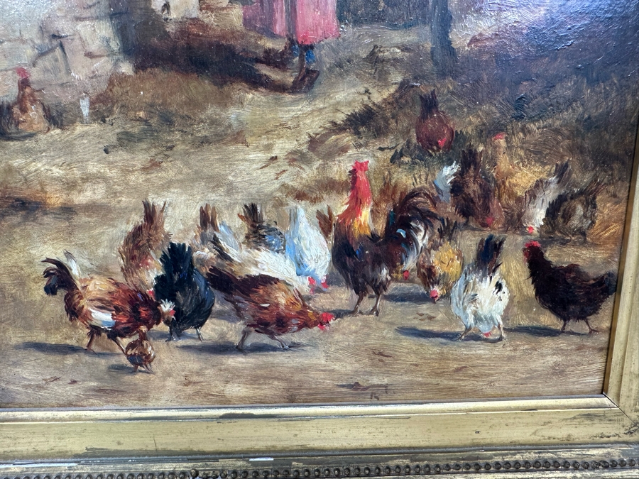 After Constant Troyon Original Painting Titled Chickens In Front Of A Farmhouse 12 X 15 In Antique Gilt Frame 19.5 X 23 Back Top Of Wooden Frame Has Illegible Writing (Signature?) Verso Reads Basse - Court Von Troyon [Photo 6]