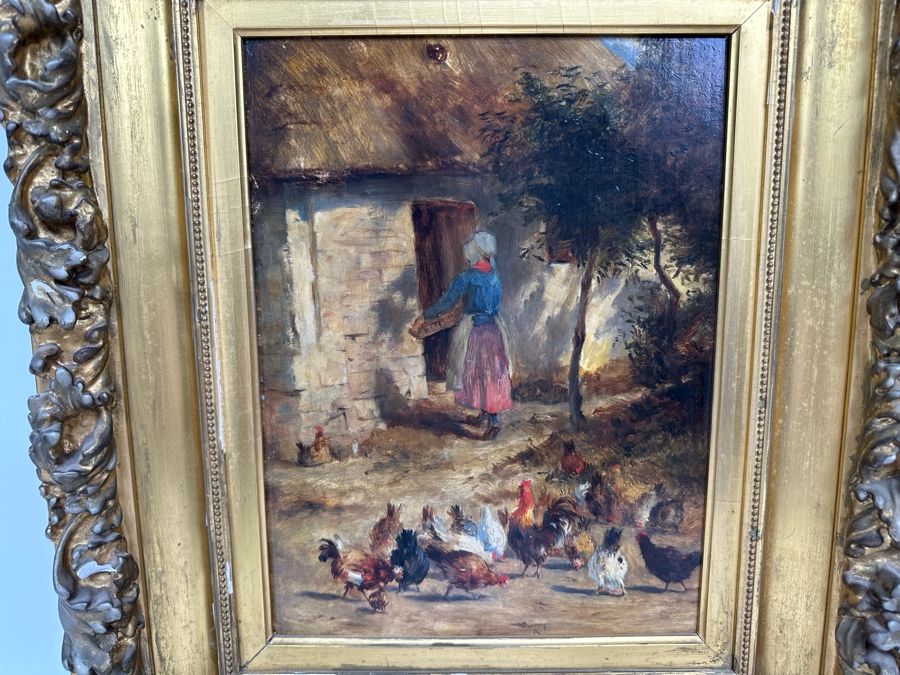 After Constant Troyon Original Painting Titled Chickens In Front Of A Farmhouse 12 X 15 In Antique Gilt Frame 19.5 X 23 Back Top Of Wooden Frame Has Illegible Writing (Signature?) Verso Reads Basse - Court Von Troyon [Photo 5]