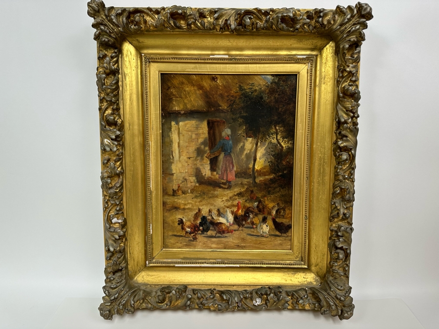 After Constant Troyon Original Painting Titled Chickens In Front Of A Farmhouse 12 X 15 In Antique Gilt Frame 19.5 X 23 Back Top Of Wooden Frame Has Illegible Writing (Signature?) Verso Reads Basse - Court Von Troyon [Photo 4]