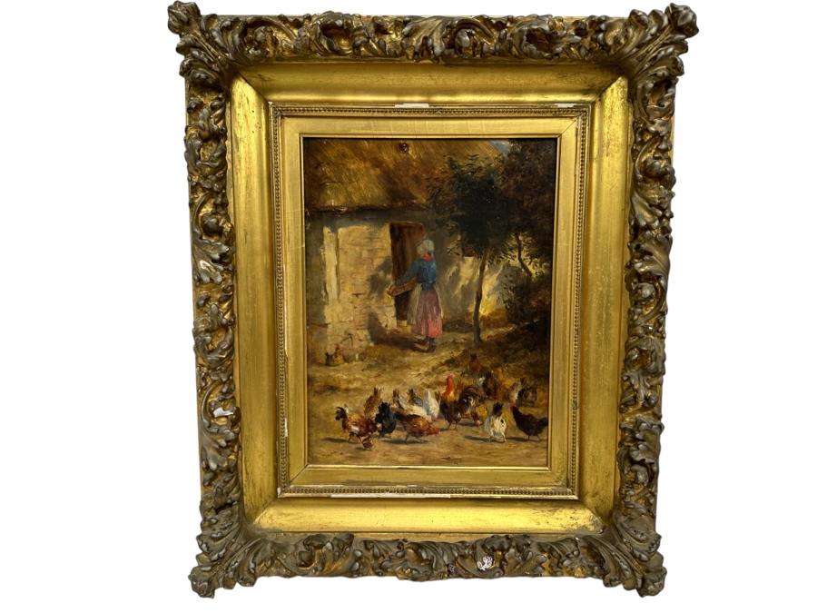 After Constant Troyon Original Painting Titled Chickens In Front Of A Farmhouse 12 X 15 In Antique Gilt Frame 19.5 X 23 Back Top Of Wooden Frame Has Illegible Writing (Signature?) Verso Reads Basse - Court Von Troyon