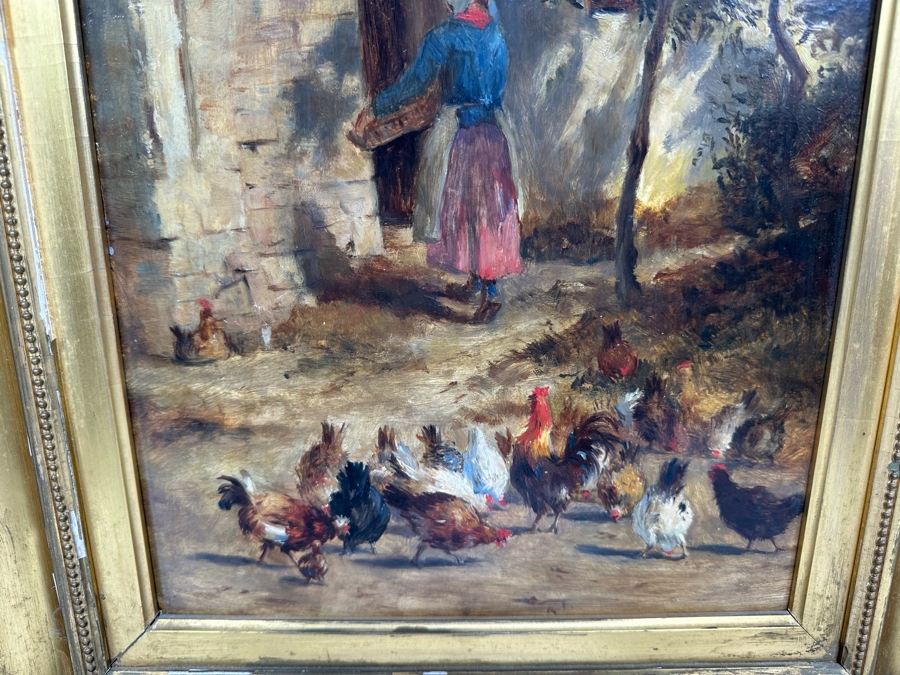 After Constant Troyon Original Painting Titled Chickens In Front Of A Farmhouse 12 X 15 In Antique Gilt Frame 19.5 X 23 Back Top Of Wooden Frame Has Illegible Writing (Signature?) Verso Reads Basse - Court Von Troyon [Photo 11]