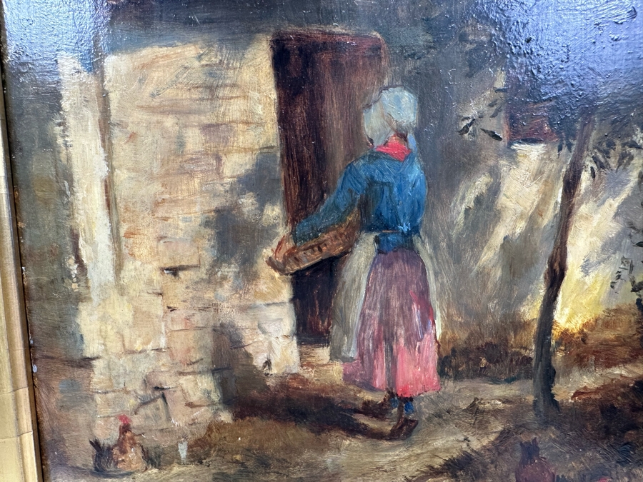 After Constant Troyon Original Painting Titled Chickens In Front Of A Farmhouse 12 X 15 In Antique Gilt Frame 19.5 X 23 Back Top Of Wooden Frame Has Illegible Writing (Signature?) Verso Reads Basse - Court Von Troyon [Photo 9]