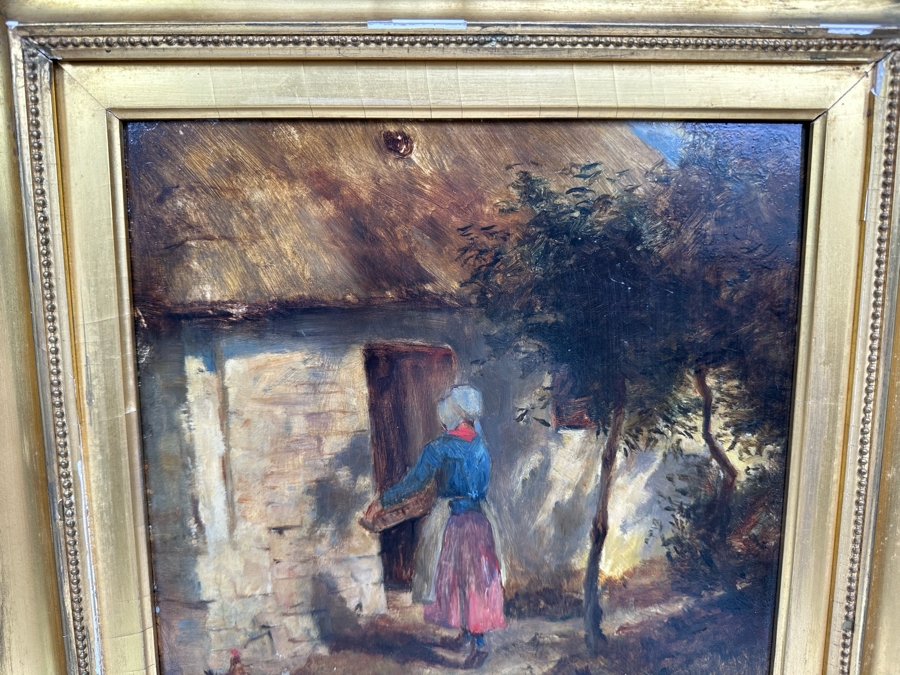 After Constant Troyon Original Painting Titled Chickens In Front Of A Farmhouse 12 X 15 In Antique Gilt Frame 19.5 X 23 Back Top Of Wooden Frame Has Illegible Writing (Signature?) Verso Reads Basse - Court Von Troyon [Photo 10]