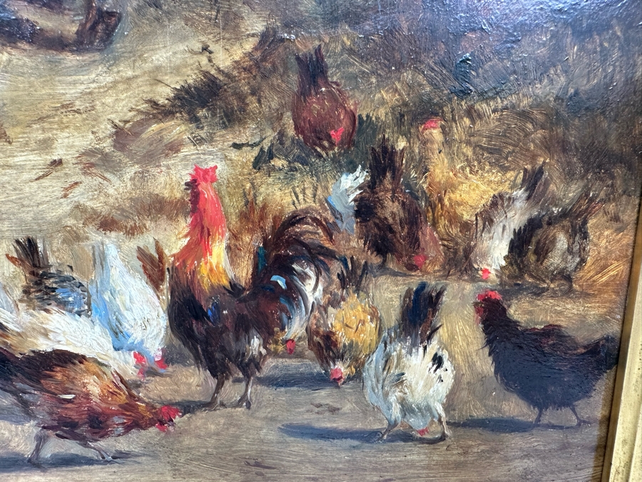 After Constant Troyon Original Painting Titled Chickens In Front Of A Farmhouse 12 X 15 In Antique Gilt Frame 19.5 X 23 Back Top Of Wooden Frame Has Illegible Writing (Signature?) Verso Reads Basse - Court Von Troyon [Photo 8]