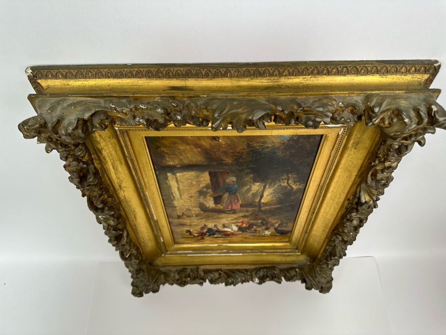 After Constant Troyon Original Painting Titled Chickens In Front Of A Farmhouse 12 X 15 In Antique Gilt Frame 19.5 X 23 Back Top Of Wooden Frame Has Illegible Writing (Signature?) Verso Reads Basse - Court Von Troyon [Photo 13]