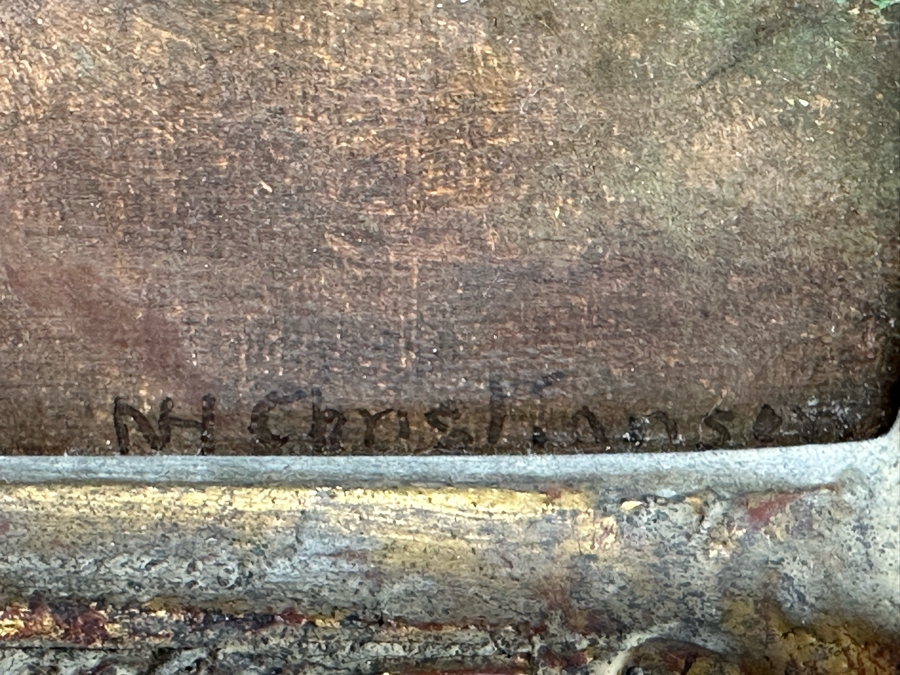 Nils Hans Christiansen (1850-1922, Denmark, Netherlands) Original Landscape Painting 12 X 24 In Antique Frame [Photo 9]