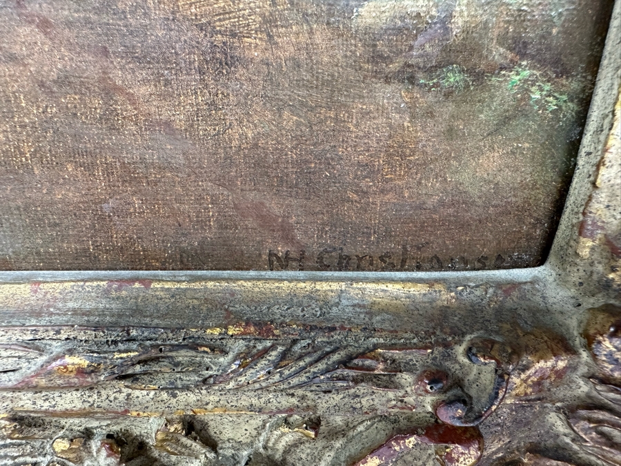 Nils Hans Christiansen (1850-1922, Denmark, Netherlands) Original Landscape Painting 12 X 24 In Antique Frame [Photo 8]