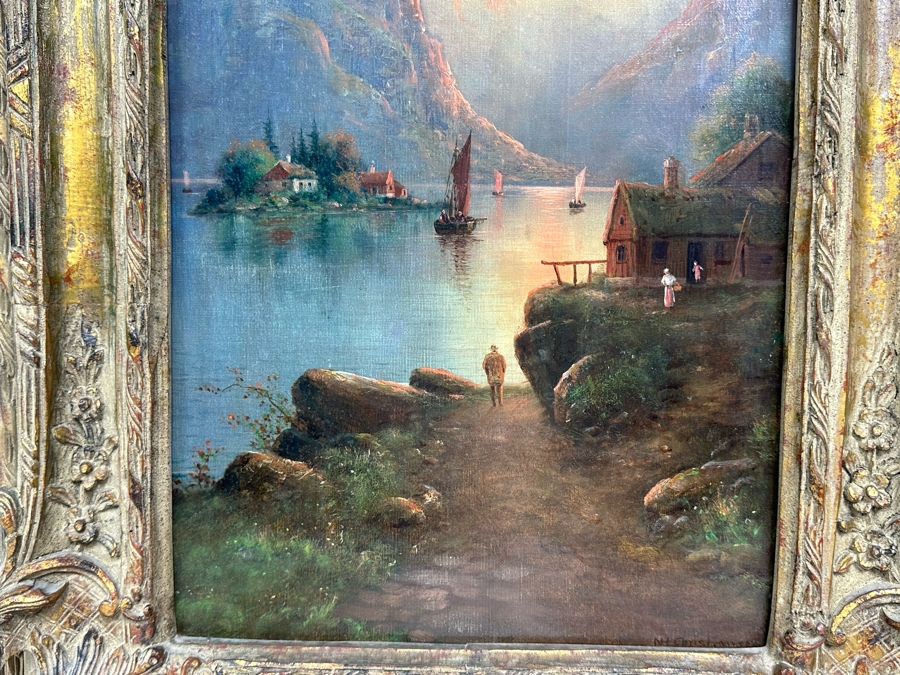 Nils Hans Christiansen (1850-1922, Denmark, Netherlands) Original Landscape Painting 12 X 24 In Antique Frame [Photo 13]