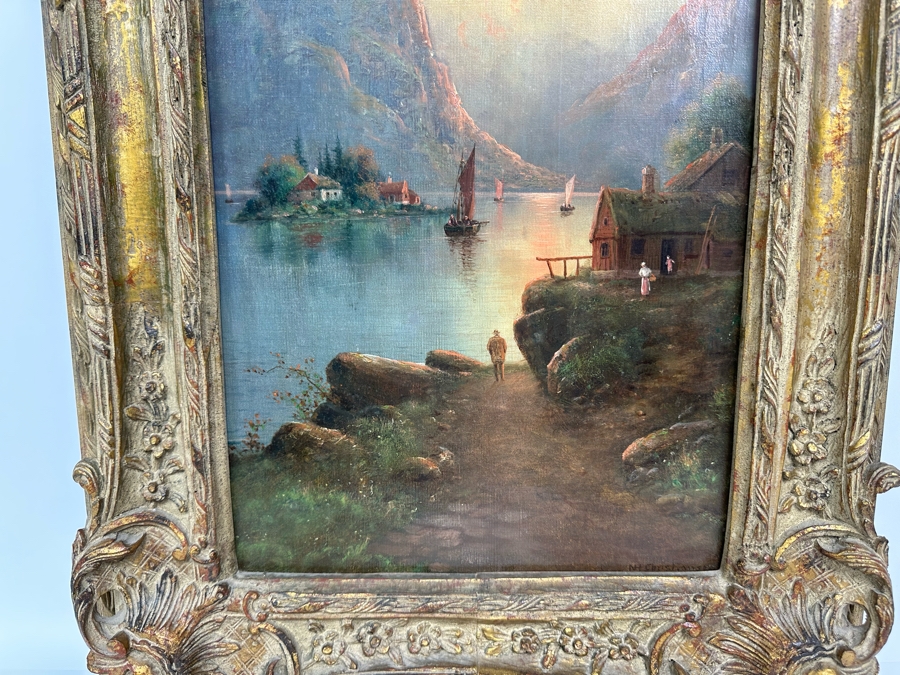 Nils Hans Christiansen (1850-1922, Denmark, Netherlands) Original Landscape Painting 12 X 24 In Antique Frame [Photo 2]