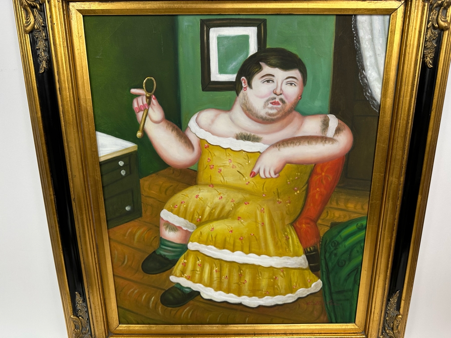 Original Painting After Fernando Botero 1989 Painting Titled 'Melancholy Man' Signed K. Burton 20 X 24 Framed 28.5 X 32.5