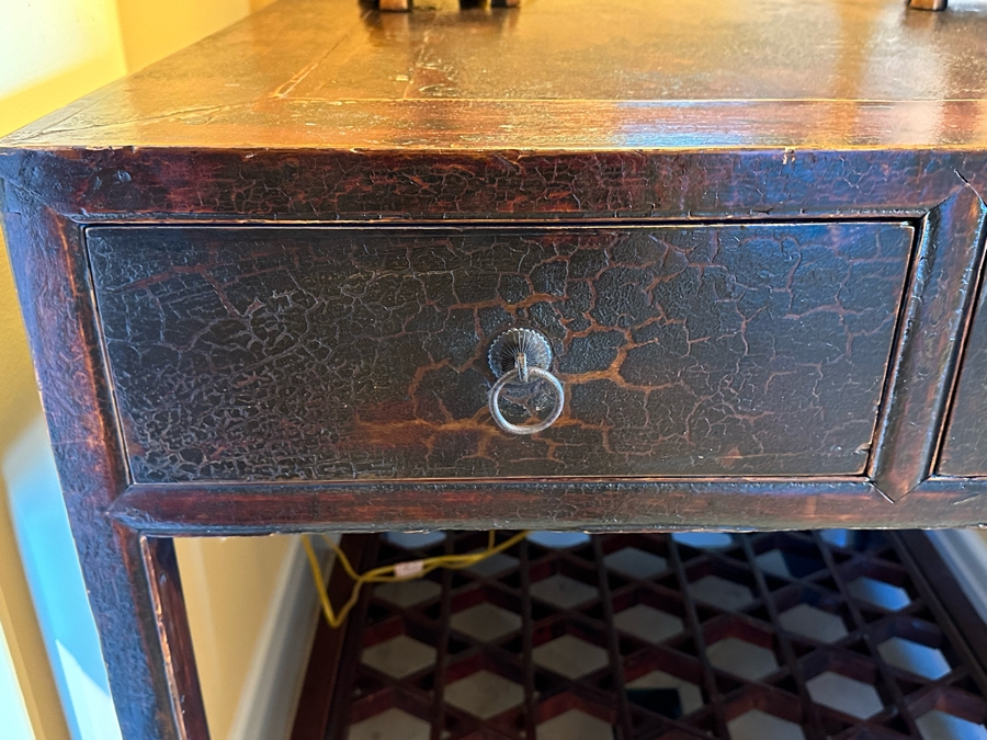Antique Chinese Carved Wooden Table With Two Drawers And Lower Shelf  [Photo 7]