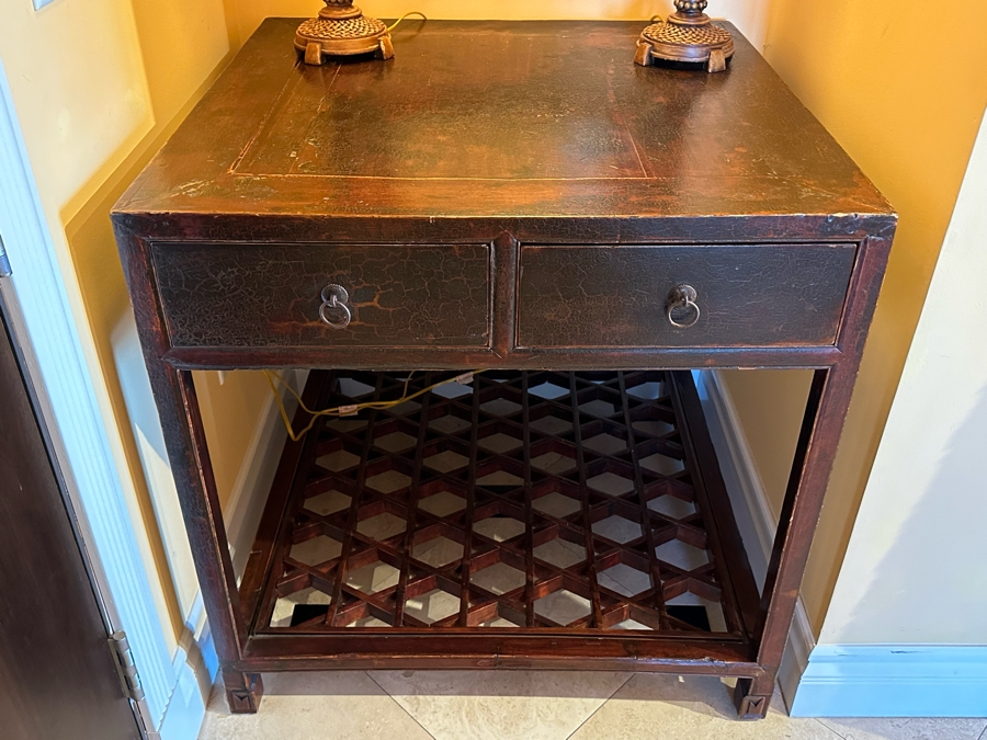 Antique Chinese Carved Wooden Table With Two Drawers And Lower Shelf  [Photo 3]