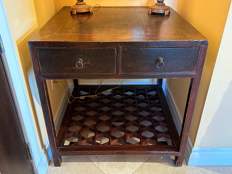 Antique Chinese Carved Wooden Table With Two Drawers And Lower Shelf  [Photo 2]