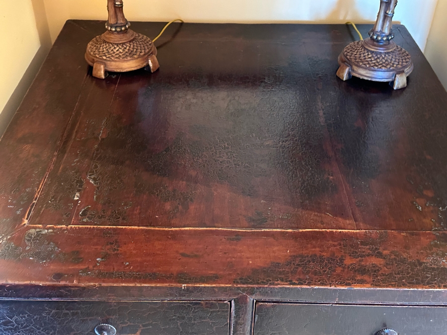 Antique Chinese Carved Wooden Table With Two Drawers And Lower Shelf  [Photo 11]
