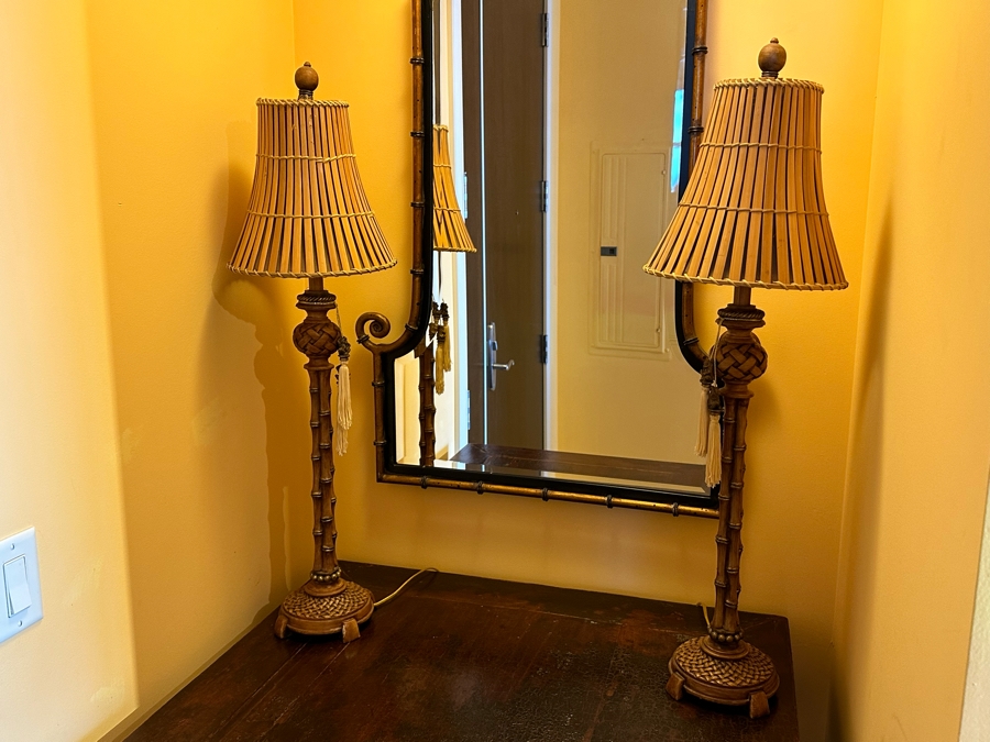 Pair Of Metal Hollywood Regency Style Bamboo Table Lamps