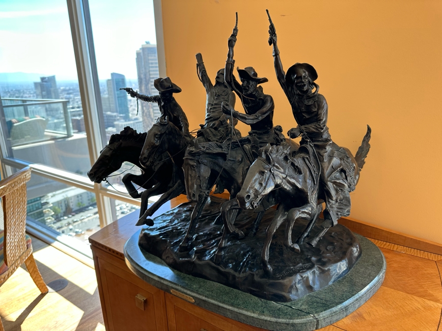 Large Frederic Remington Bronze Sculpture Titled 'Coming Through The Rye' - One Of The Cowboy's Arm Is Broken - See Photos 30W X 24D X 26H [Photo 14]
