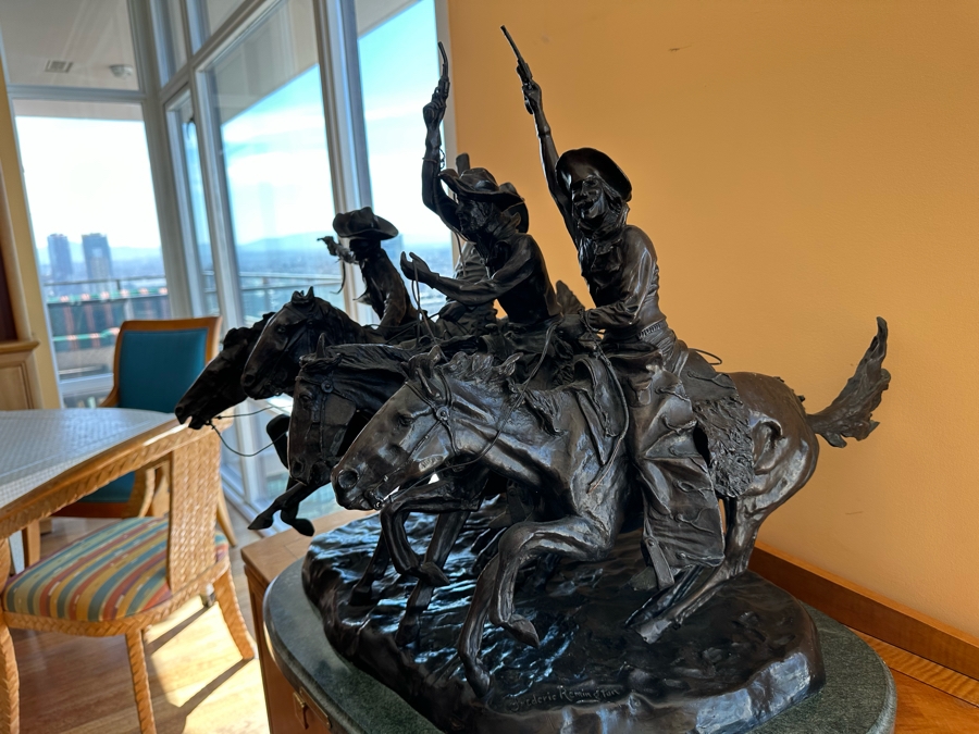 Large Frederic Remington Bronze Sculpture Titled 'Coming Through The Rye' - One Of The Cowboy's Arm Is Broken - See Photos 30W X 24D X 26H [Photo 3]