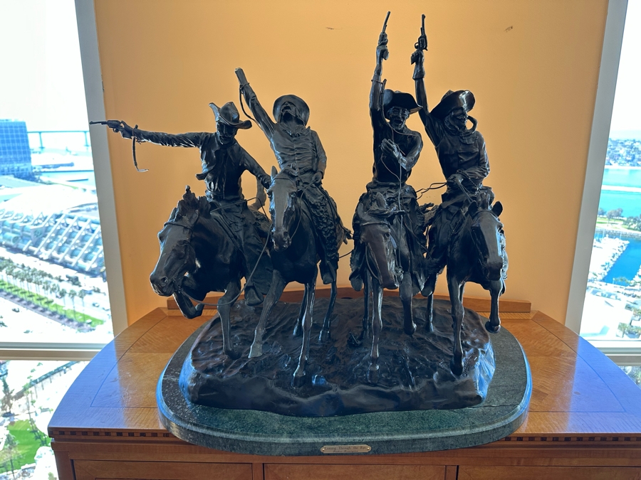 Large Frederic Remington Bronze Sculpture Titled 'Coming Through The Rye' - One Of The Cowboy's Arm Is Broken - See Photos 30W X 24D X 26H