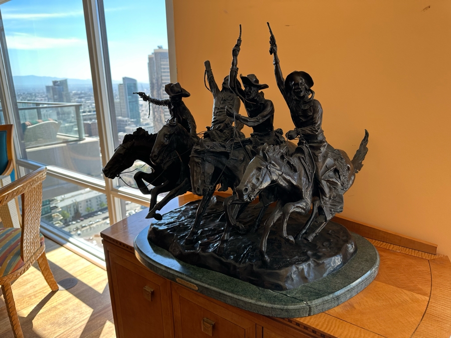 Large Frederic Remington Bronze Sculpture Titled 'Coming Through The Rye' - One Of The Cowboy's Arm Is Broken - See Photos 30W X 24D X 26H [Photo 7]